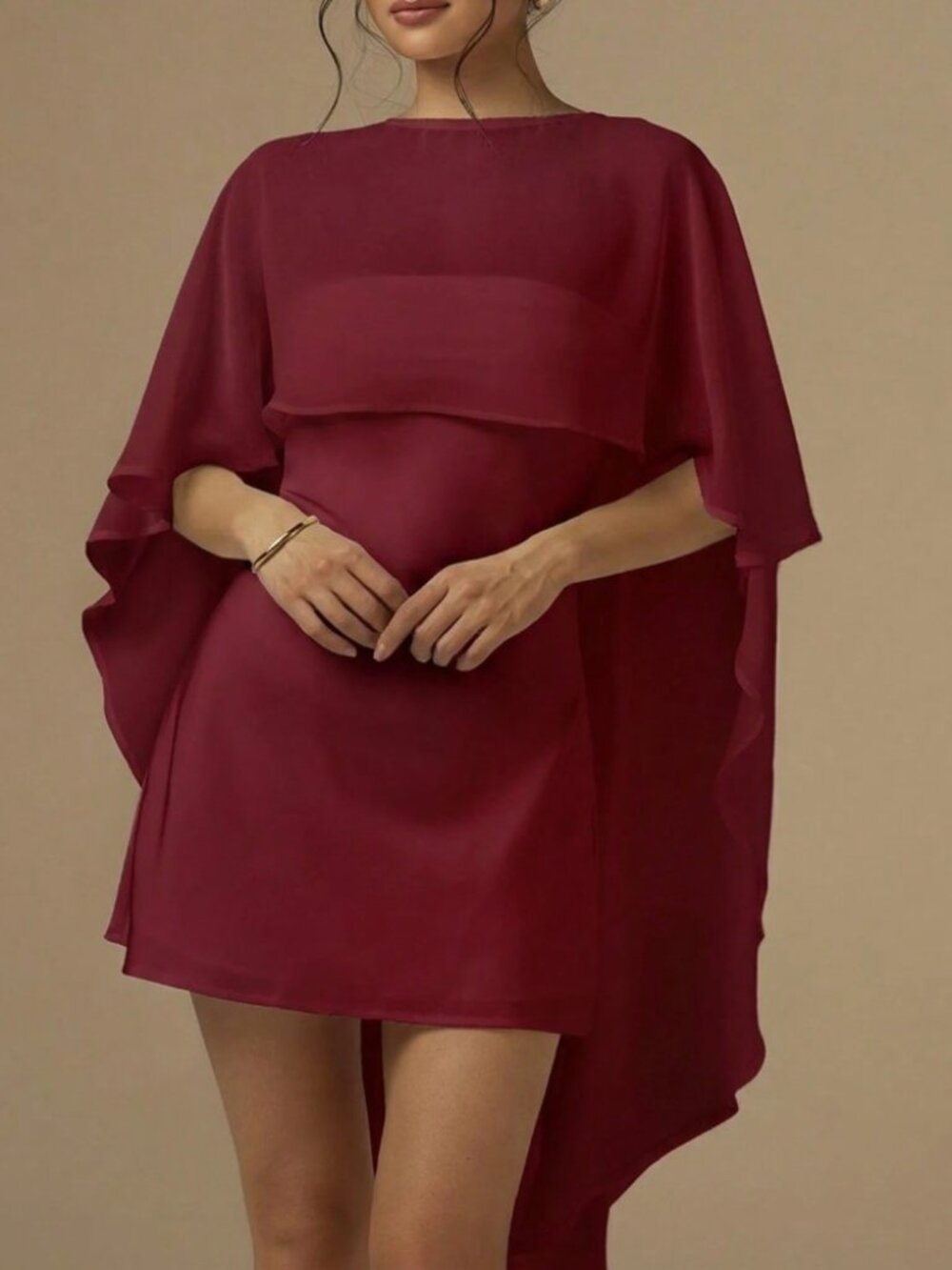 Burgundy Cape Overlay Mini Dress with Round Neck